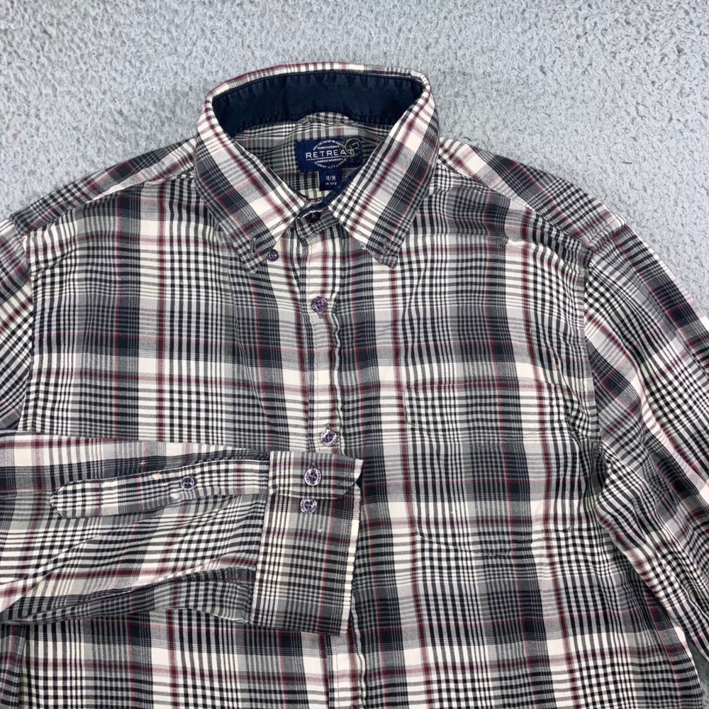 Retreat Plaid Button Down Shirt Mens M Black Gray Cotton Grunge Skater Bleached